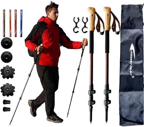 FOREST PILOT Vandringsstavar – lätt 7075 aluminium med flipplås och alla terrängtillbehör – par 2 promenadkäppar för vandring med EVA eller bokträgrepp (bokträgrepp – brun)