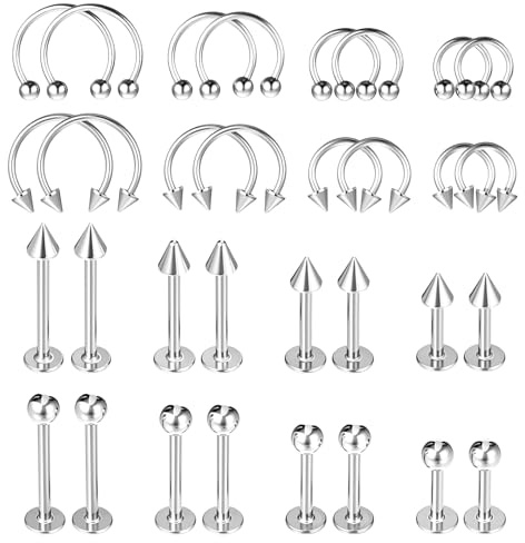 Heclia 32Pcs Lip Rings for Women, 16G Stainless Steel Horseshoe Labret Studs, Monroe Lip Barbell Ring, Snake Bite Piercing Jewelry, Helix Earring Daith Tragus Cartilage Surgical Steel Medusa Jewelry