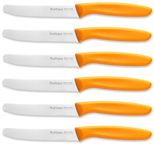 Ruffulon Tomato Knife Set of 6,Serrated Kitchen Knives,Sharp Blade Classic Utility Knife,Stainless Steel Wavy Edge Tomato Knives&Table Knives,Muticolor Plastic Handle Dinner Knifes,Dishwasher Safe.