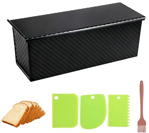 Yeqqzq Pullman - Teglia per pagnotta con coperchio, capacità di 0,9 kg, antiaderente, con raschietto per impasto, taglierina e spazzola per olio, per cuocere pane, lievito naturale fatto in casa e