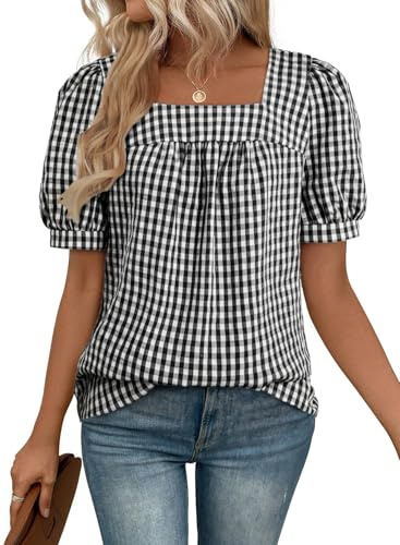EVALESS Tops for Women Short Sleeve Tunic Blouse Dressy Casual Square Neck Gingham Tops Cotton Blend Plaid Shirt Cute Checkered Puff Sleeve Work Blouses 2026 Summer Vacation Outfits Black Medium