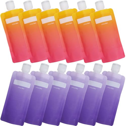 GORGECRAFT 12 Pack Travel Pouches Toiletries 90ml Air Travel Kit Lotion Bags Liquid Squeeze Pouch Portable Refillable Leak Proof Empty Makeup Toiletries Packing Bags Containers for Face Cream Shampoo