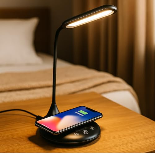 Grundig Skrivbord med trådlös laddare - dimbar touch-LED-lampa - sänglampa med 3 ljusfärger - USB-C - flexibel arm för justerbar belysning