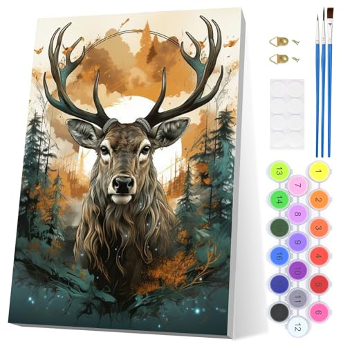 EOBROMD Ciervos Pintar por Numeros Adultos, Bosque Pintura por Numeros con Marco, Animal Kit de Pintura al óleo de Lienzo DIY para con Pinceles, Pigmento Acrílico, Decoración para el Hogar 20x30cm