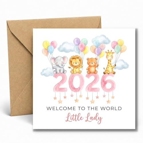 Edition Seidel Biglietto di auguri quadrato di alta qualità per nascita con busta. Biglietto di nascita Welcome Hello 2026 bambina animale motivo piccolo miracolo (EQ161 SW026)