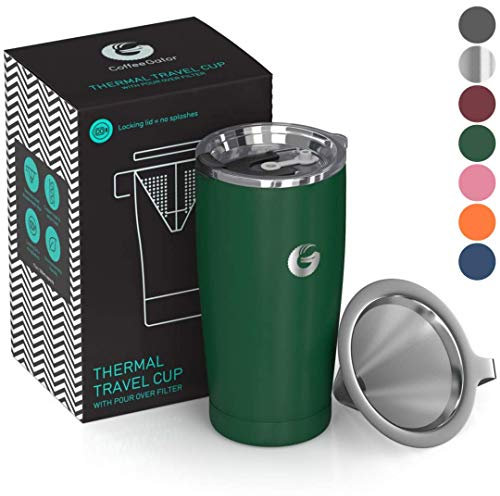 Coffee Gator Insulated Coffee Cup with Paperless Filter, All-in-One Hand Drip Coffee Maker with Filter, Thermal Stainless Steel Travel Cup for Hot Drinks - 585ml / 20oz (Green)