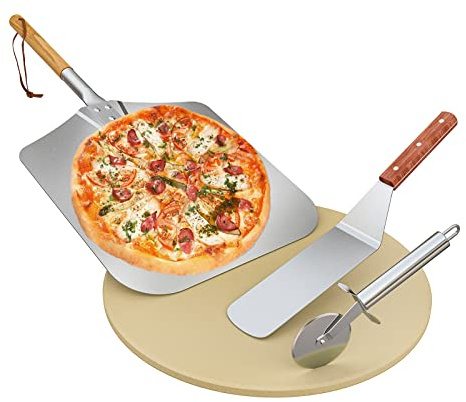 Onlyfire 4-Piece Pizza Stone Set – 15 Round Cordierite Baking Stone for Oven & Grill, 14x16 Pizza Peel, Stainless Steel Spatula & Cutter – Complete Pizza Making Kit for Crispy Crust, Bread, BBQ