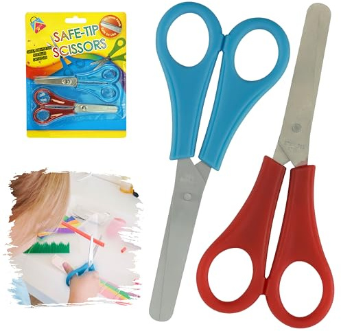 2 forbici di sicurezza per bambini da 13 cm, forbici per allenamento prescolare con scala cm, impugnatura morbida rossa e blu, punta rotonda in acciaio inossidabile, per scuola, scrapbooking