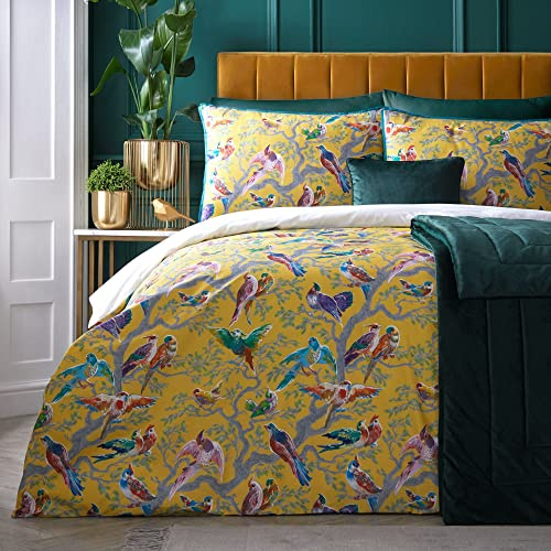 Laurence Llewelyn-Bowen - Yellow Birds Duvet Cover - Super King Bedding Size (260 x 220cm) - Soft 100% Cotton Sateen - 2 Pillowcases - 200 Thread Count - Luxury Bedding - Bird Duvet Cover in Yellow
