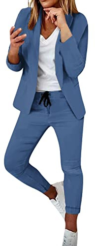 Women's 2 Piece Outfit Casual Plaid Open Front Blazer and Pencil Pant Suits Set Business Work Suit Jacket Dress Pants(Xa-Blue,X-Small)