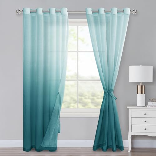 XWZO Cortina de voile con ojales, cortinas de gradiente de color, cortina Sheer Ombre, set de 2 para dormitorio y salón, cortinas con anillas y tensor, 225 x 140 cm (alto x ancho), color turquesa