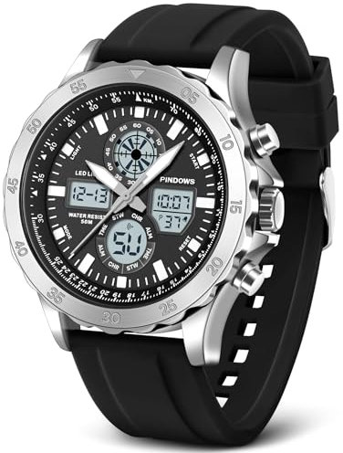 Orologio Uomo Orologi Sportivi Militari Orologi Impermeabili Orologi Analogici Digitali Orologi Acciaio Inossidabile con Sveglia Cronometro LED Suoneria Oraria Orologio Multifunzione (Argento-Nero)
