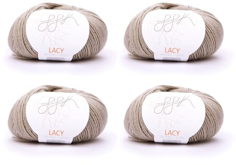 ggh Lacy Set | 4x25g (insgesamt 100g) Set| 150m/25g Merinowolle mit Seide zum Stricken | Farbe 019 - Beige