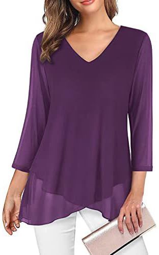 SHEKINI Dam, v-ringad, lätt meshtunika, skjorta, klockärmar, 3/4 ärmar, ledig, chiffongblus, eleganta snören, chiffong, volang, asymmetrisk fåll, damblus, lila, XL