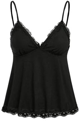 GORGLITTER Damen Spaghettiträger Top Cami Tops V-Ausschnitt Oberteil Stretch Trägershirts mit Kontrast Spitzen Schwarz L