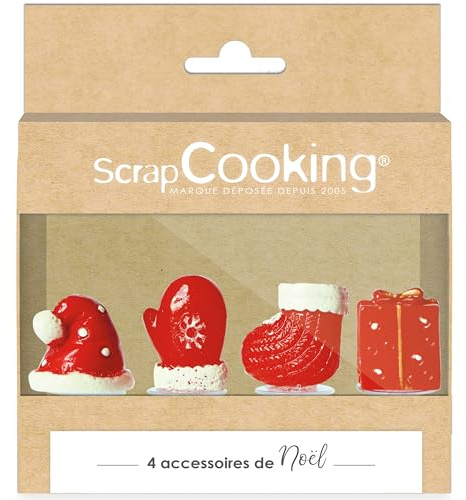 ScrapCooking - 4 Décorations Noël pour Bûches - Bonnet, Moufle, Cadeau, Chausson - Décors Pâtisserie Gâteaux - Accessoires Cake Toppers pour Gâteaux, Cupcakes - 4941