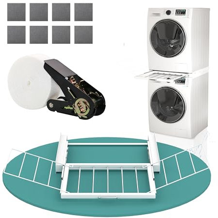 3 IN 1 Verbindungsrahmen Universal Zwischenbaurahmen mit Wäscheleine Verbindungsrahmen für Waschmaschinen/Trockner Multifunktionelle Wäscheleine (weiß mit Wäscheleine)