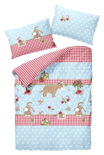 JACK Kinder Renforce Baby Bettwäsche 2 TLG. 100x135cm süße Esel Vögel Tiere Rot Blau Reißverschluss