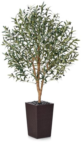 VeriNatural Artificial Olive Tree 150cm Fake Plant - Large Artificial Plants Indoor with Real Wood Trunk & Brown Pot with River Pebbles - Decorative Faux Tree for Home, Office & Outdoor, VN133