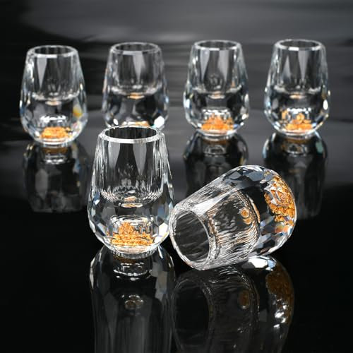 BSDLZCH Crystal Shot Glass 6er Set, 15ml bleifreies Glas mit schwerem Boden, dekoriert mit 24K Blattgold Flocken, Ideal für Wodka, Alkohol, Tequila, Sake, Whiskey