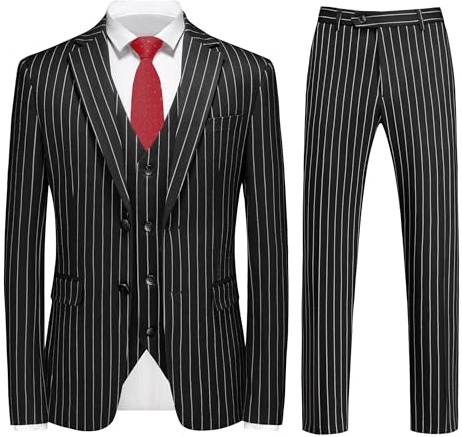 MOGU Mens 3 Piece Pinstripe Suit Slim Fit Double Vents Tuxedo Jacket Vest & Pants Casual Dress Set Size L Black