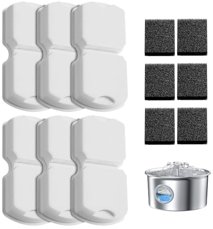 IHOUONE Filtro Fuente para Gatos: 12 Filtros Fuente Gatos - 6 Carbónfiltros + 6 Bebedero Agua Perros Esponjas - Filtración Múltiple - Adecuado para Dispensador Agua Mascota Acero Inoxidable