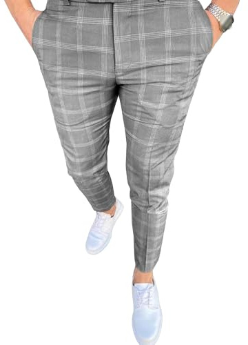 Herr Skinny Dress Pläd Byxor Casual Slim Fit Golf Affärsbyxor Normal Fit Stretch