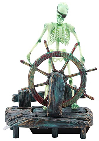 Qcwwy Capitaine de Pirate Skeleton Aquarium Decoration, Ornement de Réservoir de Pêche Mystère avec Bulleur d'air pour un Aménagement Paysager de l'Aquarium Captivant, des Accessoires de