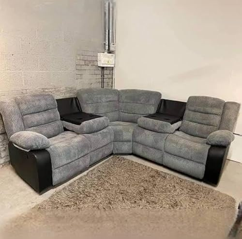 Rio Recliner Black/Grey Jumbo Cord Fabric 3+2+1 Seater Sofa Set - For Living Room Furniture - Manual Recliner Sofa with Dropdown Table & Cupholders (Corner)