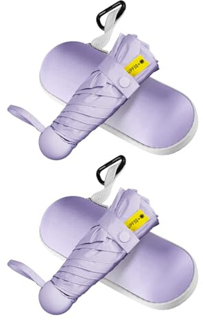 LILAC Travel Mini Umbrella Compact Small & Lightweight, UV Rain Protection, Pocket-Sized Folding Umbrellas with Quickdraw & Case for Men Women & Kids Backpack (PurplePurple) - 2 Packs