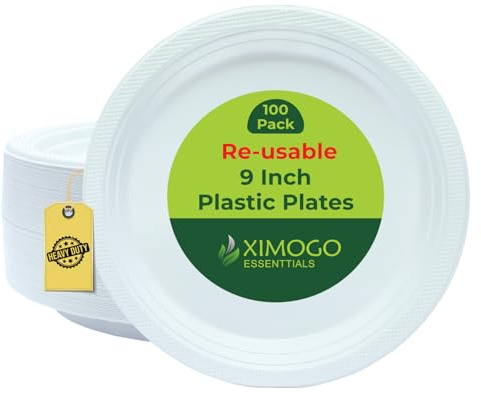 XIMOGO Reusable Plastic Plates 100 Count, 9-Inch Heavy-Duty Party Plates, Sturdy & Hard, BPA-Free & Microwave Safe Dinnerware for Parties, Picnics & Events