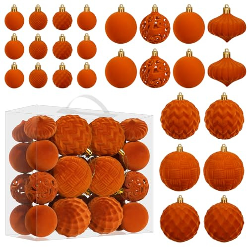 Miaikoe Velvet Christmas Ball Ornaments Set - 46pcs Shatterproof Plastic Flocked Christmas Tree Balls Assorted Sizes for Xmas Holiday Decor Decoration (Orange)