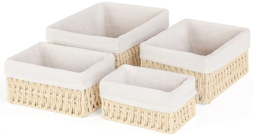 Otauoaea Set di 4 Cestini Portaoggetti in Corda di Carta, Cesto Vimini Intrecciato a Mano per Bagno, Camera dei Bambini, Cucina e Soggiorno - Ideale per Giocattoli, Cosmetici e Organizzazione(Beige)