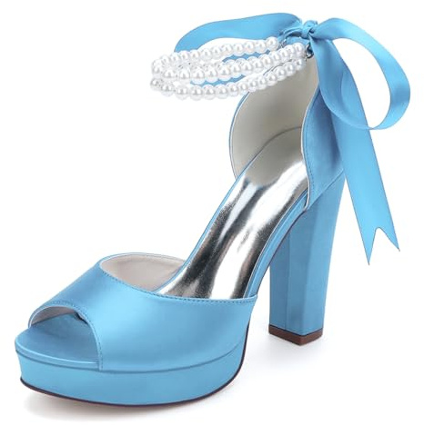LRMYMHY Zapatos De Boda De Tacón Abierto para Mujer Sandalias De Plataforma para Novia Zapatos Nupciales De Tacón Grueso,Sky Blue,41 EU