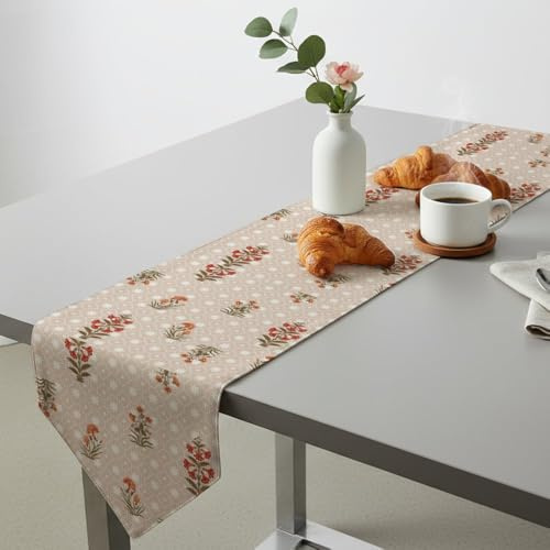 Red Flowers Orange Blooms Green Leaves Table Runners Extra Wide Table Runner Turner for Dining Wildflower Party Decorations Whimsical Decor for Home Kitchen Dining Holiday Decor 13 × 70 inch