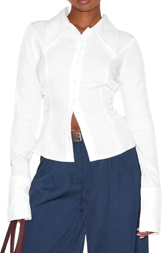 SUNNOW Women's Long Sleeve Shirt with Oversized Collar Slim Fit Blouse Elegant Stand Out Lapel Top (US, Alpha, Small, Regular, Regular, White)