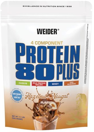 Weider - Protein 80 Plus - 4-Komponenten Protein Pulver - Hoher Proteingehalt mit 80% Eiweiß - Cremige Shakes mit Calcium & Vitamin B6 - 500g - Haselnuss-Nougat