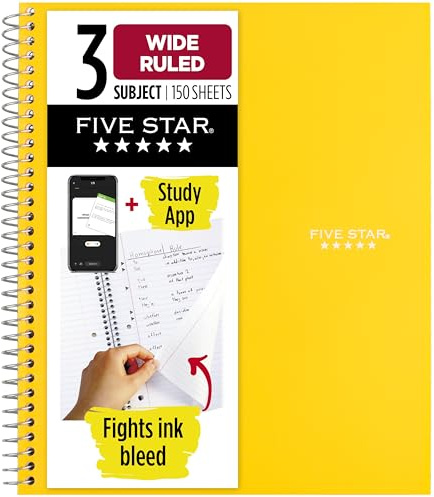 Five Star Spiral Notebook + Study App, 3 Subject, Wide Ruled Paper, 8 x 10-1/2, 150 Sheets, Fights Ink Bleed, Water Resistant Cover, Harvest Yellow (73463)