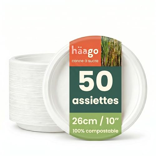HAAGO 50 fasta korsslagsplattor av sockerrör (⌀ 26 cm) - Mikrovågssäkra, miljövänliga, biologiskt nedbrytbara - Festtallrikar för picknick, bufféer, grillfester