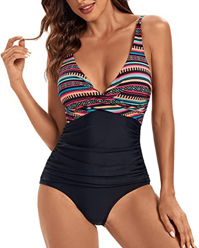 VILOREE Monokini för damer, bort med magen, slimmande baddräkt, plusstorlek, magminskande badkläder för mulliga, Färgglada ränder, L