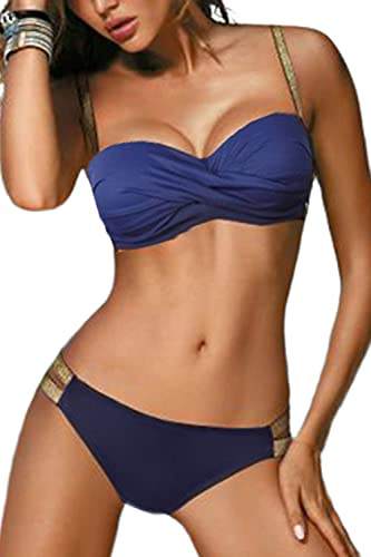 JFAN Dam Baddräkt Guldbälte Vadderad BH Bikinitoppar Enfärgad Bikini Set Push Up Badkläder Tvådelad Baddräkt, Blå, XL