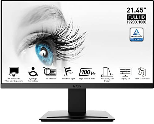 MSI PRO MP223 MONITOR 21.45 (VA) - 1920 x 1080 (Full HD), 100HZ, 1ms (MPRT) / 4ms (GTG), Vesa 75 x 75 mm - Tecnologia anti-sfarfallio, meno luce blu, display antiriflesso