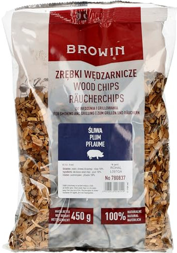 BROWIN® Fichas de incienso de ciruela 450 g 780837 | madera ahumada 6-8 mm para carne de cerdo | virutas para ahumar y asar | chips para ahumar, parrilla de gas y barbacoa