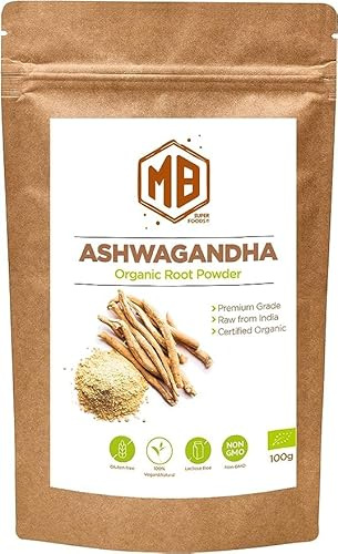 MB Superfoods - Organic Ashwagandha Root Powder, Sourced from India, Non-GMO & Gluten Free - Focus Mood Support, Increase Energy, Max Strength, Enhanced Absorption - 100 Gram