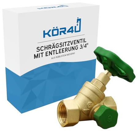 kör4u Schrägsitzventil 3/4 Zoll, Messing, steigende Spindel, beidseitigem Innengewinde, Trinkwasser geeignet (3/4 mit Entleerung)