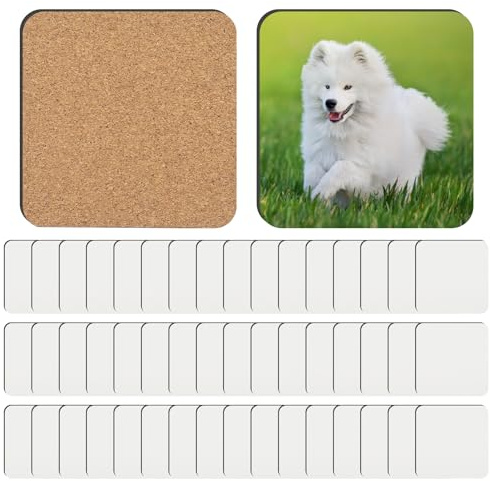 48 PCS Sublimation Coasters Blanks MDF Cork Back Heat Transfer Wood Hardboard Sublimation Square Coasters Blanks Bulk DIY Crafts for Christmas, 3.93 x 3.93 inch