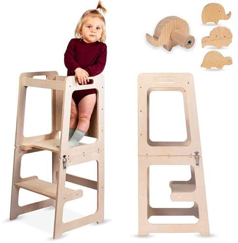 Torre Aprendizaje Montessori - Plegable y Convertible para Mesa Silla - Incluye 3 Percheros Pared Infantiles - Madera