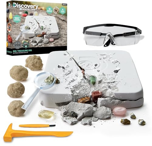 Discovery™ Big Treasure Dig STEM Kit – 23-Piece Excavation Set for Kids| Dig for 15 Gemstones, 4 Crystal Geodes & Pyrite Nuggets| Real Tools| Educational Geology Toy| Science Activity Gift| Ages 8+
