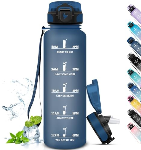 Grsta Botella de agua de 1 litro, fácil de llevar, sin fugas, para ciclismo, botella de paja para adultos, con tiempo de bebida, para deportes, gimnasio, senderismo, azul marino