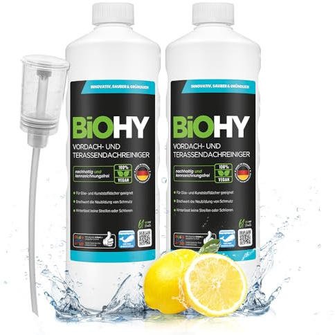 BiOHY Terrasstak- och förtakrengöring (2 x 1l flaska) + doser | Bio-koncentrat för glastak, plasttak, vinterträdgårdar Bio-koncentrat för glastak, plasttak (Vordach und Terrassendachreiniger)